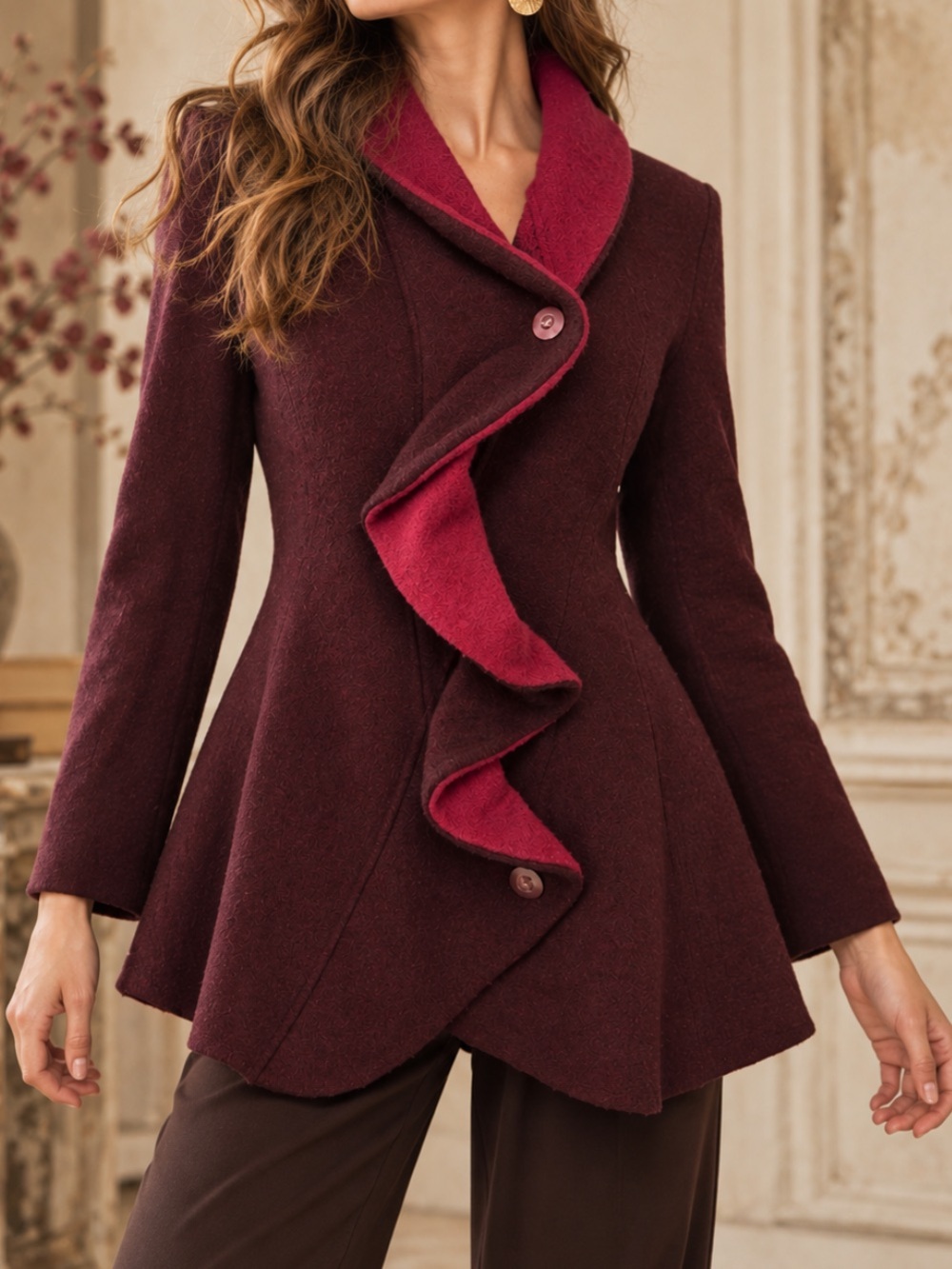 Anthropologie Rosie Neira 100% Wool Ruffle Jacket Burgundy Pink Size Small